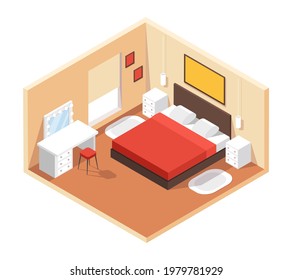 Isometric bedroom. Modern cozy room interior with furniture double bed, night tables, table, mirror, paintings. 3d bedroom vector interior. Indoor furnishing for hotel or house plan