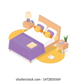 Isometric bedroom on white. Vector illustration in flat design.