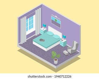 Isometric bedroom with purple walls and carpet, white bed, turquoise cover and pillows, grey armchair and curtains