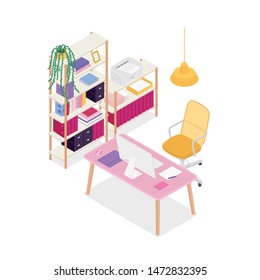 Isometric bedroom in purple and yellow. Vector illustration in flat design.