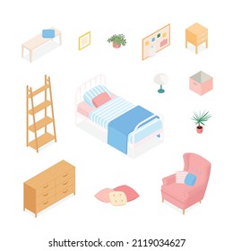 Isometric bedroom set. Vector illustration in flat design.