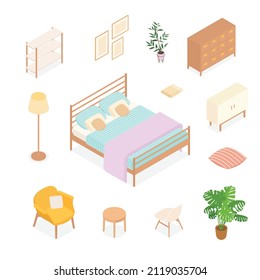 Isometric bedroom set. Vector illustration in flat design.
