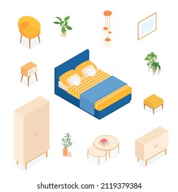 Isometric bedroom set. Vector illustration in flat design.
