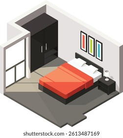Isometric bedroom vector illustration with bed, wardrobe and table