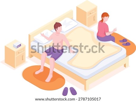 Isometric Bedroom Vector Illustration with Couple Having Argument Waking Up and Sitting on Bed Relationship Conflict and Home Furniture Flat Illustrations