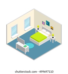 Isometric bedroom with white walls, windows and furnishings- bed, carpet, table lamps, bedside tables, chest of drawers, pictures, mirror. All objects are movable and separated. Vector illustration.