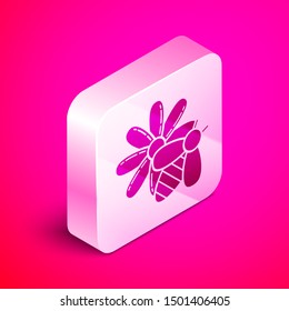 Isometric Bee and flower icon isolated on pink background. Sweet natural food. Honeybee or apis with wings symbol. Flying insect. Silver square button. Vector Illustration