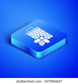 Isometric Bee and honeycomb icon isolated on blue background. Honey cells. Sweet natural food. Honeybee or apis with wings symbol. Flying insect. Blue square button. Vector Illustration