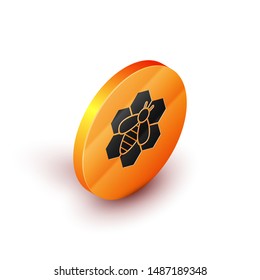 Isometric Bee and honeycomb icon isolated on white background. Honey cells. Honeybee or apis with wings symbol. Flying insect. Sweet natural food. Orange circle button. Vector Illustration
