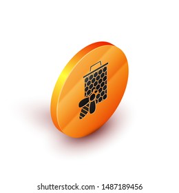 Isometric Bee and honeycomb icon isolated on white background. Honey cells. Sweet natural food. Honeybee or apis with wings symbol. Flying insect. Orange circle button. Vector Illustration