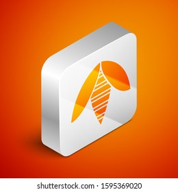 Isometric Bee icon isolated on orange background. Sweet natural food. Honeybee or apis with wings symbol. Flying insect. Silver square button. Vector Illustration