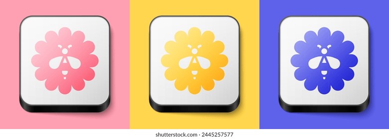 Isometric Bee on flower icon isolated on pink, yellow and blue background. Sweet natural food. Honeybee or apis with wings symbol. Flying insect. Square button. Vector