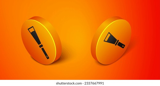 Isometric Beekeeping uncapping knife icon isolated on orange background. Tool of the beekeeper. Orange circle button. Vector