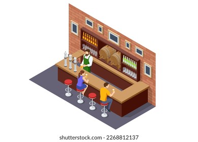 Isometric Beer bar counter. Interior of pub or bar. Beer bar, the bartender pours beer, guests sit at the bar.