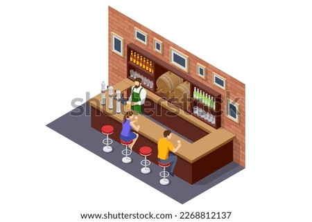 Isometric Beer bar counter. Interior of pub or bar. Beer bar, the bartender pours beer, guests sit at the bar.