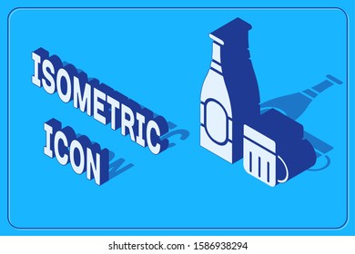 Isometric Beer bottle and glass icon isolated on blue background. Alcohol Drink symbol.  Vector Illustration