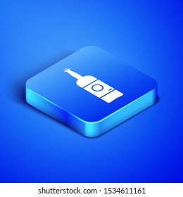 Isometric Beer bottle icon isolated on blue background. Blue square button. Vector Illustration