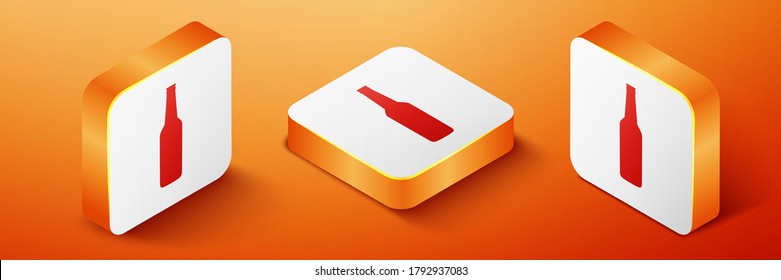 Isometric Beer bottle icon isolated on orange background. Orange square button. Vector