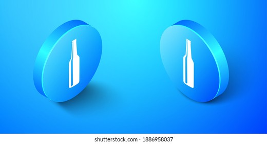 Isometric Beer bottle icon isolated on blue background. Blue circle button. Vector.