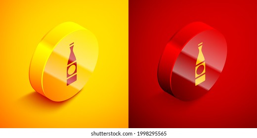 Isometric Beer bottle icon isolated on orange and red background. Circle button. Vector Illustration