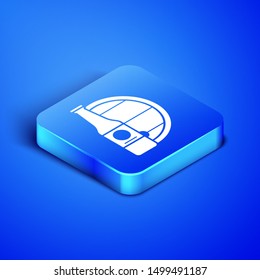 Isometric Beer bottle and wooden barrel icon isolated on blue background. Blue square button. Vector Illustration