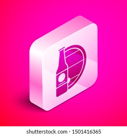 Isometric Beer bottle and wooden barrel icon isolated on pink background. Silver square button. Vector Illustration
