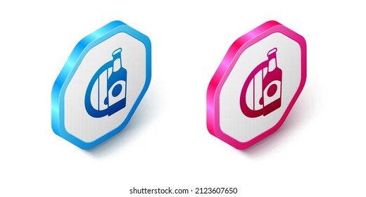 Isometric Beer bottle and wooden barrel icon isolated on white background. Hexagon button. Vector
