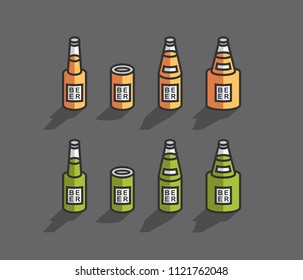 Isometric beer bottles. line style. isolated on black background