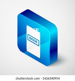 Isometric Beer can icon isolated on white background. Blue square button. Vector Illustration