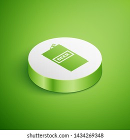 Isometric Beer can icon isolated on green background. White circle button. Vector Illustration 