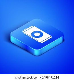 Isometric Beer can icon isolated on blue background. Blue square button. Vector Illustration