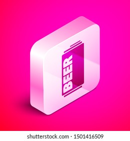 Isometric Beer can icon isolated on pink background. Silver square button. Vector Illustration
