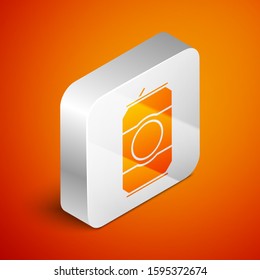 Isometric Beer can icon isolated on orange background. Silver square button. Vector Illustration