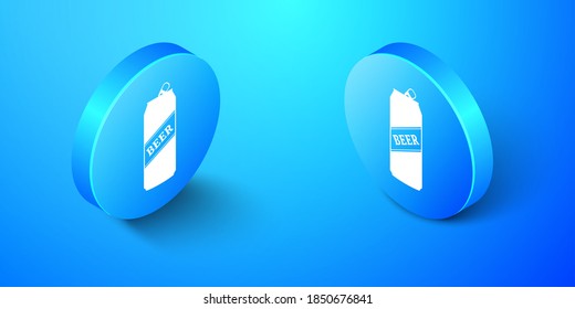 Isometric Beer can icon isolated on blue background. Blue circle button. Vector.