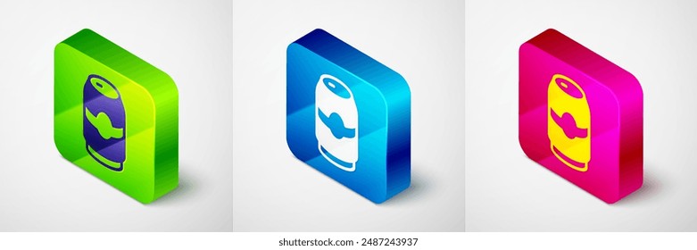 Isometric Beer can icon isolated on grey background. Square button. Vector