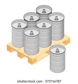 Isometric beer kegs, barrels on wooden pallet. Vector illustration