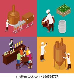 Isometric Beer Production. Brewery Indoors with Workers, Drinking Elements and Pub. Vector flat 3d illustration