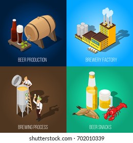 Isometric beer production and salty snacks 2x2 concept isolated on colorful backgrounds 3d vector illustration