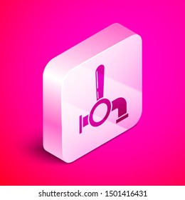 Isometric Beer tap icon isolated on pink background. Silver square button. Vector Illustration