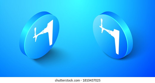 Isometric Beer tap icon isolated on blue background. Blue circle button. Vector.