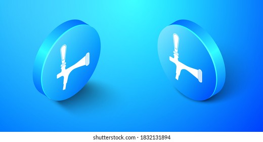 Isometric Beer tap icon isolated on blue background. Blue circle button. Vector.