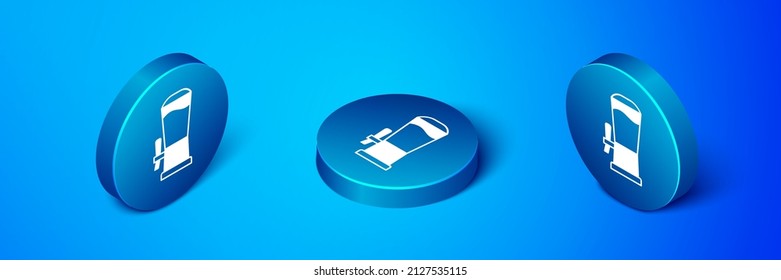 Isometric Beer Tap Icon Isolated On Blue Background. Blue Circle Button. Vector