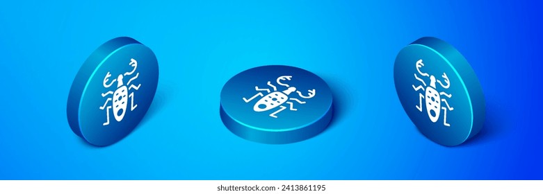 Isometric Beetle deer icon isolated on blue background. Horned beetle. Big insect. Blue circle button. Vector