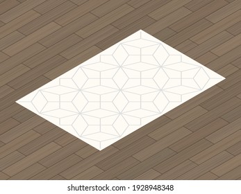 Isometric beige carpet with abstract arabic gray pattern. Vector isometric illustration. 3D flat style vector illustration. Pastel carpet with gray lines on wooden floor background