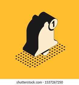 Isometric Bell icon isolated on yellow background. New Notification icon. New message icon.  Vector Illustration