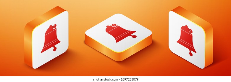 Isometric Bell icono aislado en el fondo naranja. Nuevo icono de Notificación. Nuevo icono de mensaje. Botón cuadrado naranja. Vector.