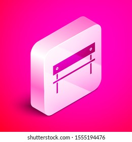 Isometric Bench icon isolated on pink background. Silver square button. Vector Illustration