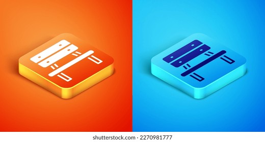 Isometrisches Benchsymbol einzeln auf orangefarbenem und blauem Hintergrund. Vektorgrafik