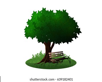 Isometric bench and tree isolated on white background, vector illustration
