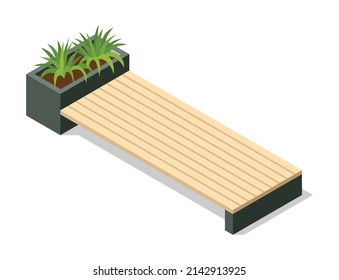 Isometric benche icon. Eco street seating. Modern design element with flower bed in city park. Place for rest, relaxation and picnic or meeting friends